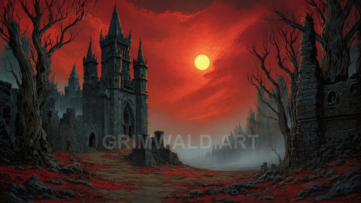 Gothic stone castle and crumbling ruins under a red sunset sky, barren trees framing a misty valley path, eerie atmosphere with distant spires.