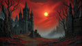 GRID THUMBNAIL — Gothic stone castle and crumbling ruins under a red sunset sky, barren trees framing a misty valley path, eerie atmosphere with distant spires.