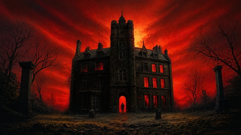 GRID THUMBNAIL — Gothic castle with glowing red windows under a blazing crimson sunset sky, framed by bare trees, with a lone figure standing in the arched doorway.