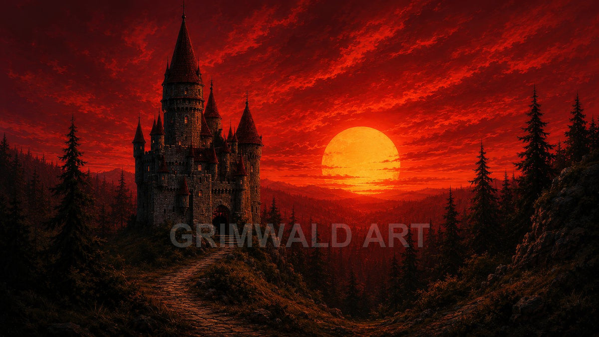 A gothic stone castle with tall spires rises above a dark conifer forest, a winding path leading toward a vast blood-red sunset.