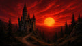 GRID THUMBNAIL — A gothic stone castle with tall spires rises above a dark conifer forest, a winding path leading toward a vast blood-red sunset.