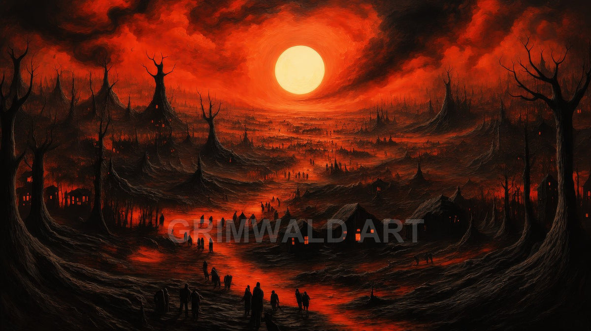 A blood-red sun hangs above a dark valley of twisted trees, shadowy huts and winding glowing river, dotted with small wandering figures.