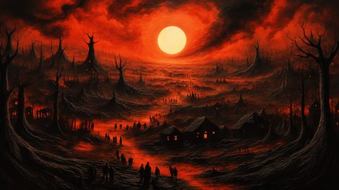 GRID THUMBNAIL — A blood-red sun hangs above a dark valley of twisted trees, shadowy huts and winding glowing river, dotted with small wandering figures.