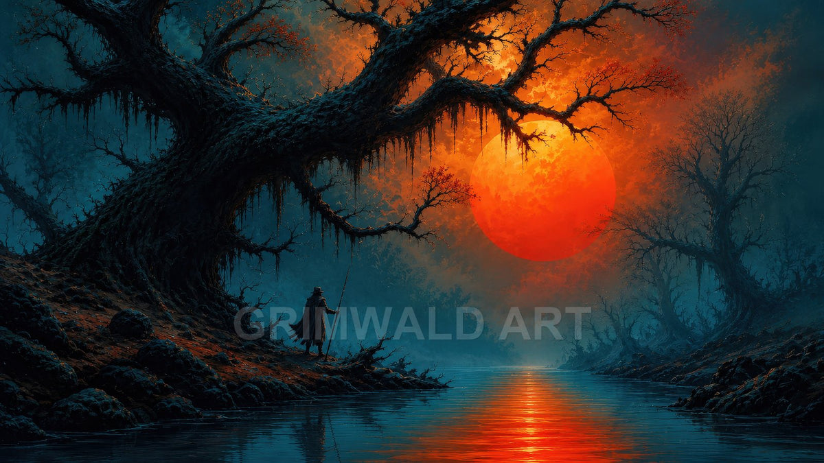 Moody fantasy swamp with gnarled trees over a calm river, a giant red sun glowing through mist and a small cloaked figure.
