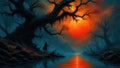 GRID THUMBNAIL — Moody fantasy swamp with gnarled trees over a calm river, a giant red sun glowing through mist and a small cloaked figure.