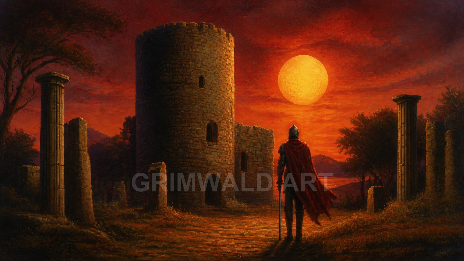 A lone armoured figure stands before a round stone keep amid broken columns under a huge red sunset, with distant hills and a lake.
