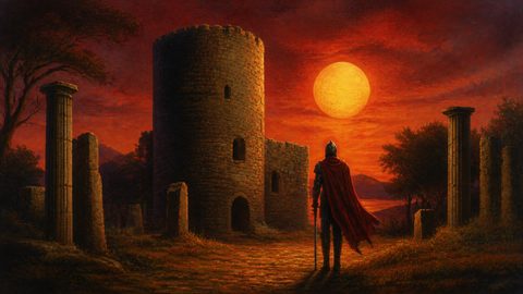 GRID THUMBNAIL — A lone armoured figure stands before a round stone keep amid broken columns under a huge red sunset, with distant hills and a lake.