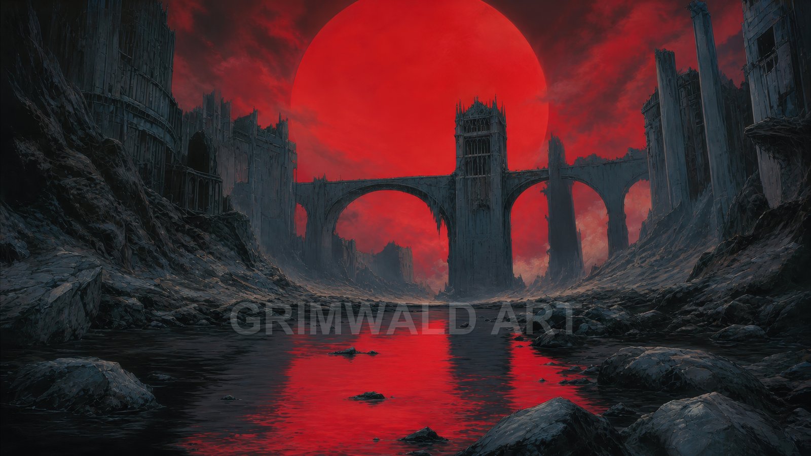 Dark ruined bridge and crumbling towers span a rocky river beneath a colossal blood-red sun, reflecting crimson light across the water.