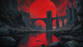 GRID THUMBNAIL — Dark ruined bridge and crumbling towers span a rocky river beneath a colossal blood-red sun, reflecting crimson light across the water.