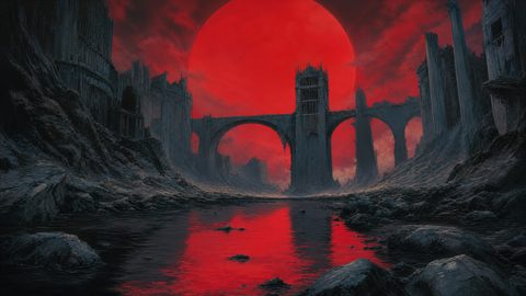GRID THUMBNAIL — Dark ruined bridge and crumbling towers span a rocky river beneath a colossal blood-red sun, reflecting crimson light across the water.