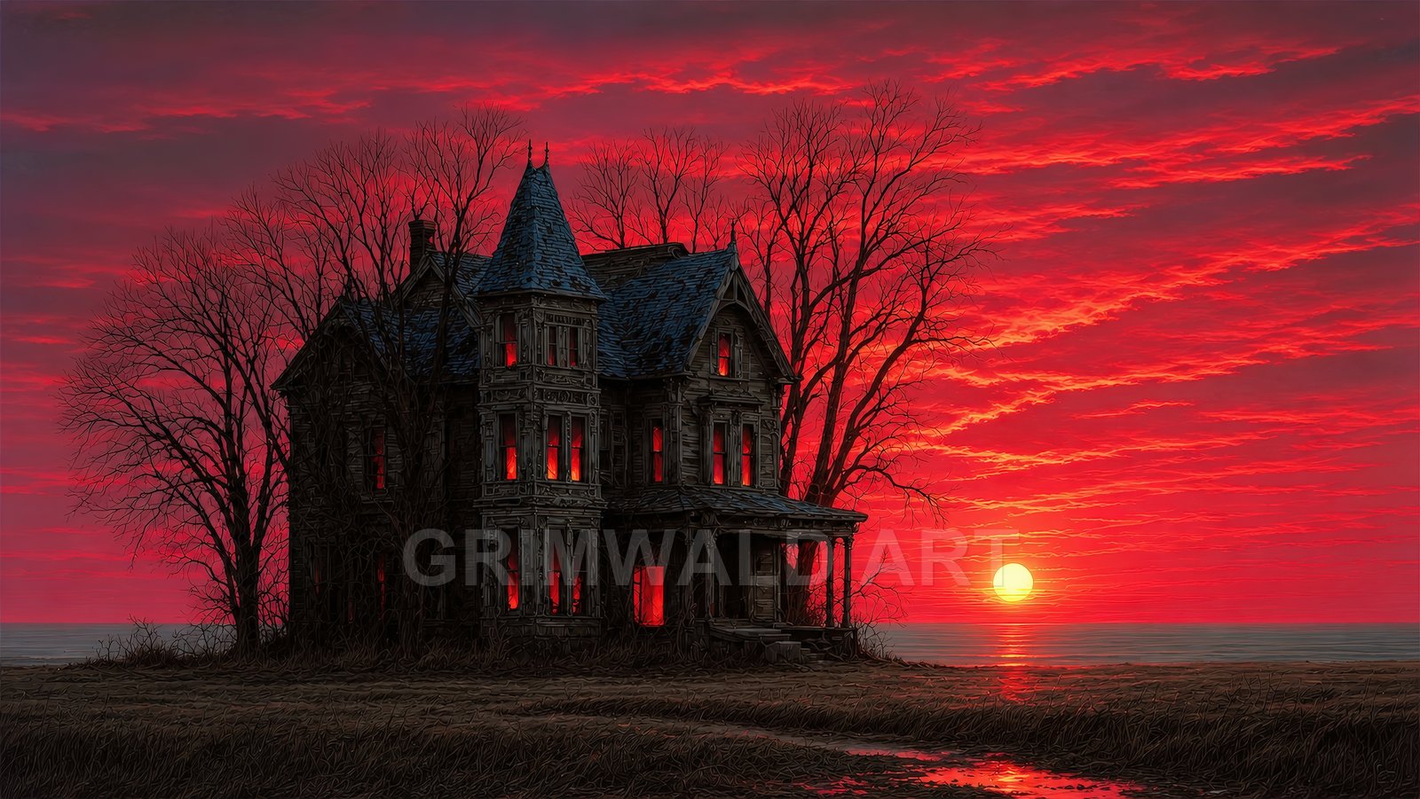 Dilapidated Victorian house with glowing red windows beside a barren coast at sunset, framed by leafless trees under a fiery crimson sky.