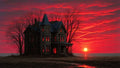 GRID THUMBNAIL — Dilapidated Victorian house with glowing red windows beside a barren coast at sunset, framed by leafless trees under a fiery crimson sky.