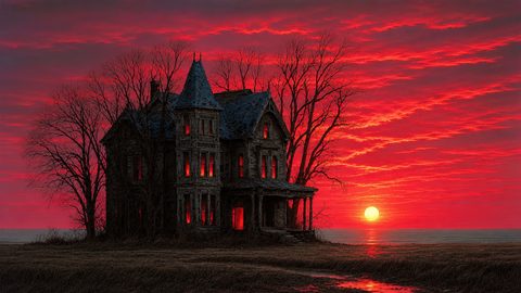 GRID THUMBNAIL — Dilapidated Victorian house with glowing red windows beside a barren coast at sunset, framed by leafless trees under a fiery crimson sky.