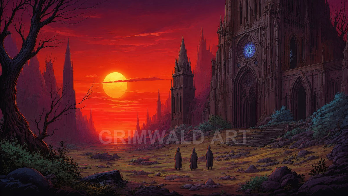 A vast rocky valley under a blood-red sunset with a towering gothic cathedral, distant spires, barren trees, and three cloaked figures approaching.