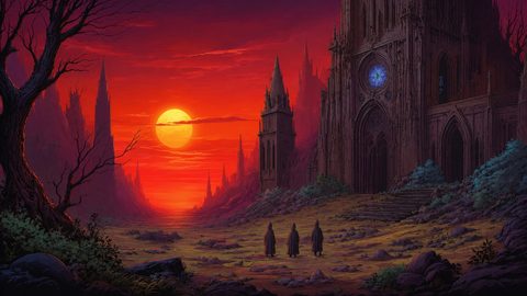 GRID THUMBNAIL — A vast rocky valley under a blood-red sunset with a towering gothic cathedral, distant spires, barren trees, and three cloaked figures approaching.