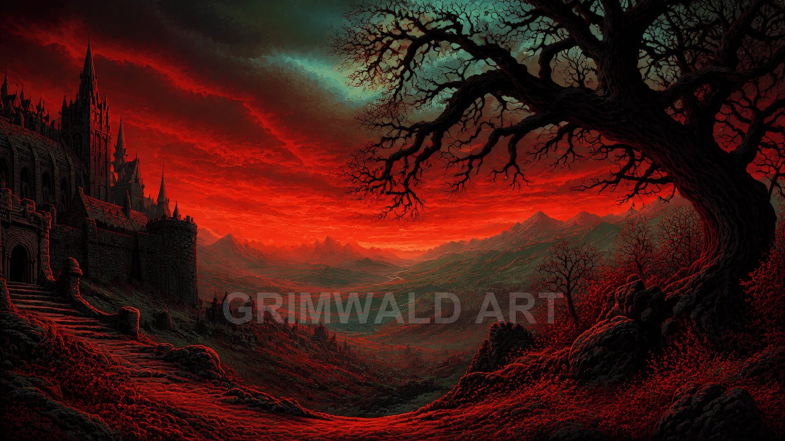 A blood-red sky over a vast valley with distant mountains, a looming gothic castle, and a twisted barren tree in the foreground.