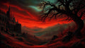 GRID THUMBNAIL — A blood-red sky over a vast valley with distant mountains, a looming gothic castle, and a twisted barren tree in the foreground.