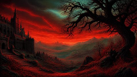 GRID THUMBNAIL — A blood-red sky over a vast valley with distant mountains, a looming gothic castle, and a twisted barren tree in the foreground.