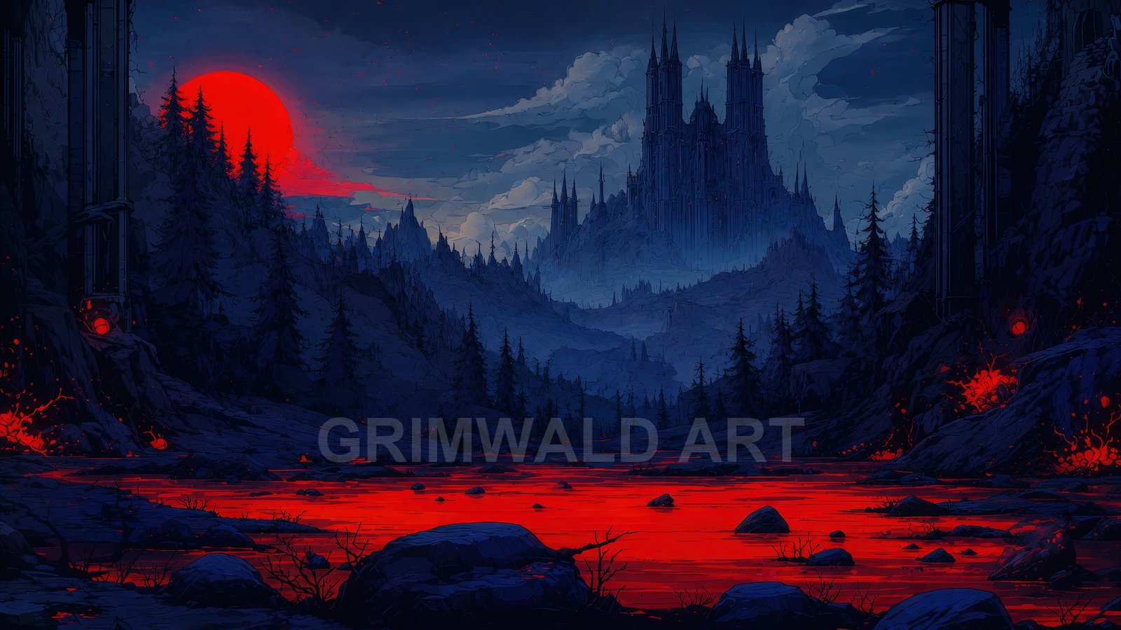 Dark fantasy valley with a crimson river, looming gothic castle of spires, red sun on the horizon, dense conifer forest and brooding clouds.