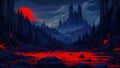 GRID THUMBNAIL — Dark fantasy valley with a crimson river, looming gothic castle of spires, red sun on the horizon, dense conifer forest and brooding clouds.