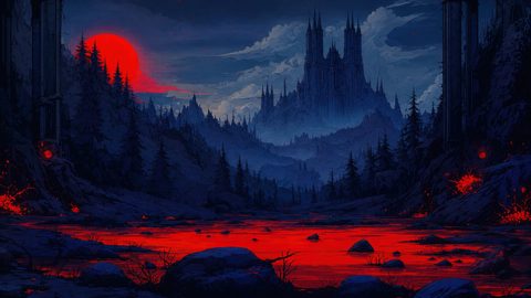 GRID THUMBNAIL — Dark fantasy valley with a crimson river, looming gothic castle of spires, red sun on the horizon, dense conifer forest and brooding clouds.