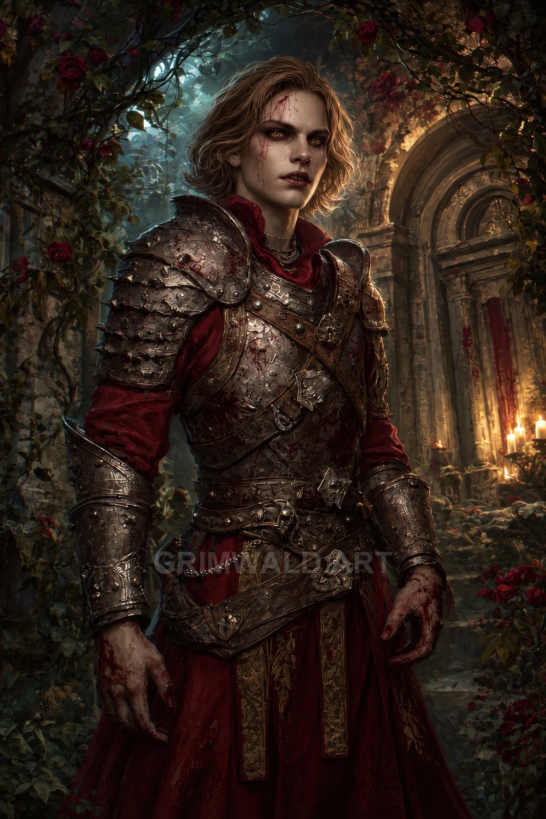 Armoured, bloodstained vampire knight in red robes stands amid overgrown ruins and roses, candlelight flickering behind, staring ahead with cold amber eyes.