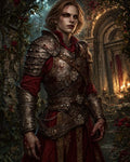 GRID THUMBNAIL — Armoured, bloodstained vampire knight in red robes stands amid overgrown ruins and roses, candlelight flickering behind, staring ahead with cold amber eyes.