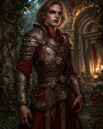 GRID THUMBNAIL — Armoured, bloodstained vampire knight in red robes stands amid overgrown ruins and roses, candlelight flickering behind, staring ahead with cold amber eyes.