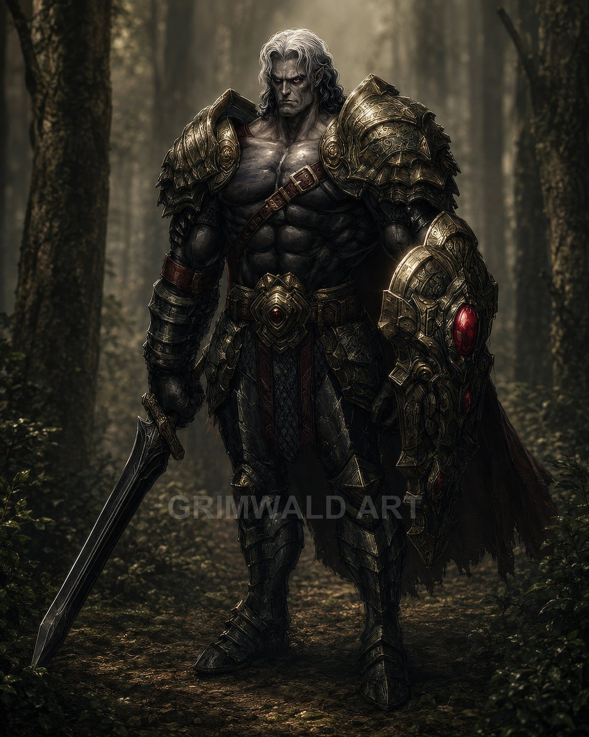 An imposing undead knight in ornate dark armour holds a sword and jewel-studded shield, standing in a misty forest at twilight.