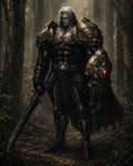 GRID THUMBNAIL — An imposing undead knight in ornate dark armour holds a sword and jewel-studded shield, standing in a misty forest at twilight.