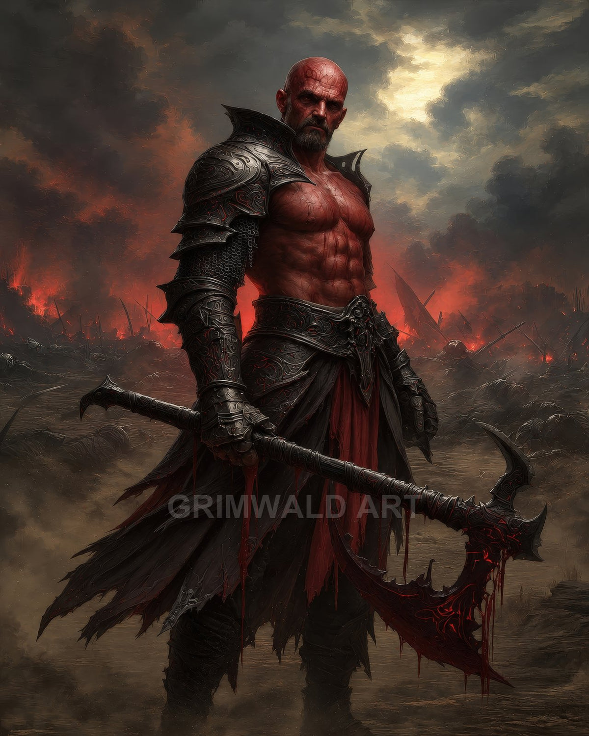 Armoured, scarred male berserker holds a blood-drenched runed battle axe on a flaming battlefield, smoke and embers swirling beneath a firelit, stormy sky.
