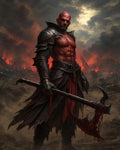 GRID THUMBNAIL — Armoured, scarred male berserker holds a blood-drenched runed battle axe on a flaming battlefield, smoke and embers swirling beneath a firelit, stormy sky.