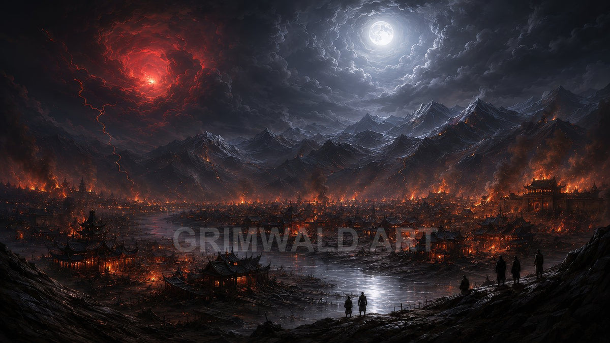 A vast moonlit valley city with pagoda rooftops burns beneath storm clouds and a red swirling vortex, mountains looming as figures watch from a ridge.