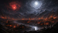 GRID THUMBNAIL — A vast moonlit valley city with pagoda rooftops burns beneath storm clouds and a red swirling vortex, mountains looming as figures watch from a ridge.