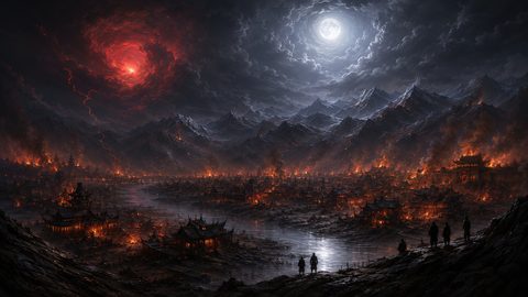 GRID THUMBNAIL — A vast moonlit valley city with pagoda rooftops burns beneath storm clouds and a red swirling vortex, mountains looming as figures watch from a ridge.