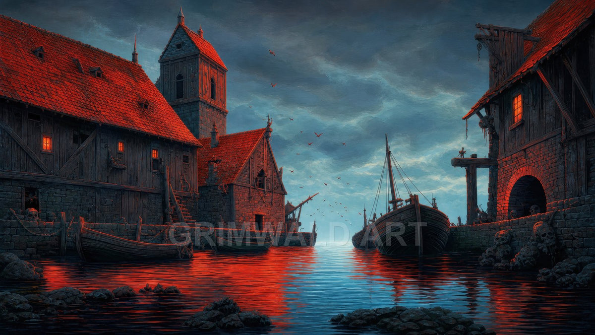 Dark medieval harbour village at twilight, red reflections on water, moored boats, stone-and-timber houses, watchtower, skulls on quay, birds under brooding clouds.