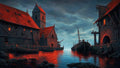 GRID THUMBNAIL — Dark medieval harbour village at twilight, red reflections on water, moored boats, stone-and-timber houses, watchtower, skulls on quay, birds under brooding clouds.