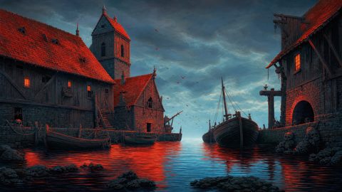 GRID THUMBNAIL — Dark medieval harbour village at twilight, red reflections on water, moored boats, stone-and-timber houses, watchtower, skulls on quay, birds under brooding clouds.