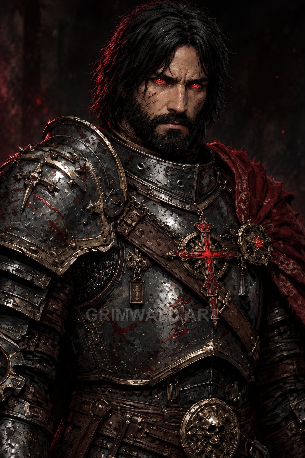 Armoured male paladin with glowing red eyes, battered bloodstained plate armour, ornate red cross pendant, dark background with embers and shadow.