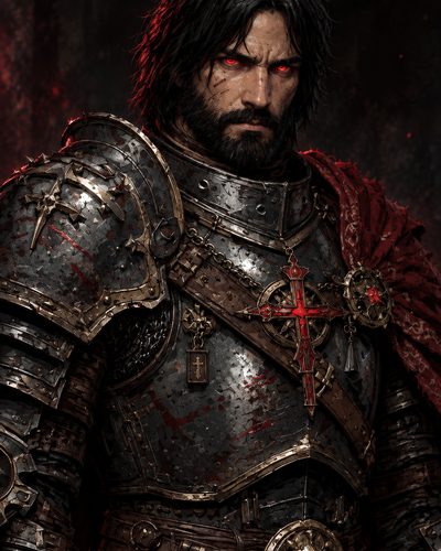 GRID THUMBNAIL — Armoured male paladin with glowing red eyes, battered bloodstained plate armour, ornate red cross pendant, dark background with embers and shadow.