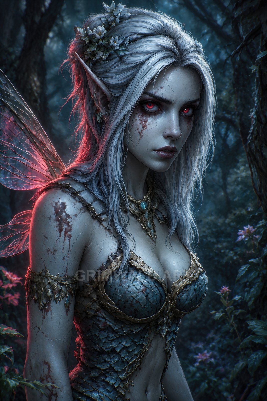 Close portrait of a female fae with pointed ears, glowing red eyes, blood-streaked pale skin and scaled armour, moonlit in a shadowy forest.