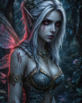GRID THUMBNAIL — Close portrait of a female fae with pointed ears, glowing red eyes, blood-streaked pale skin and scaled armour, moonlit in a shadowy forest.