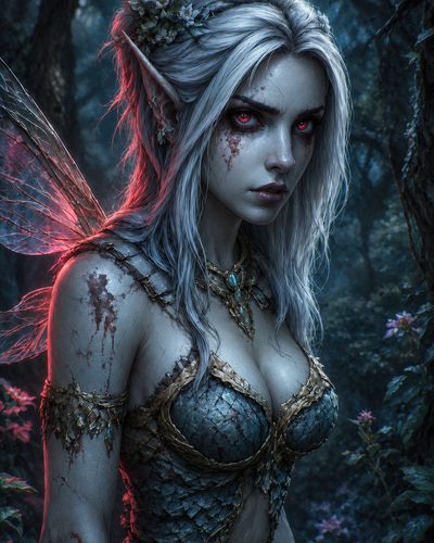 GRID THUMBNAIL — Close portrait of a female fae with pointed ears, glowing red eyes, blood-streaked pale skin and scaled armour, moonlit in a shadowy forest.