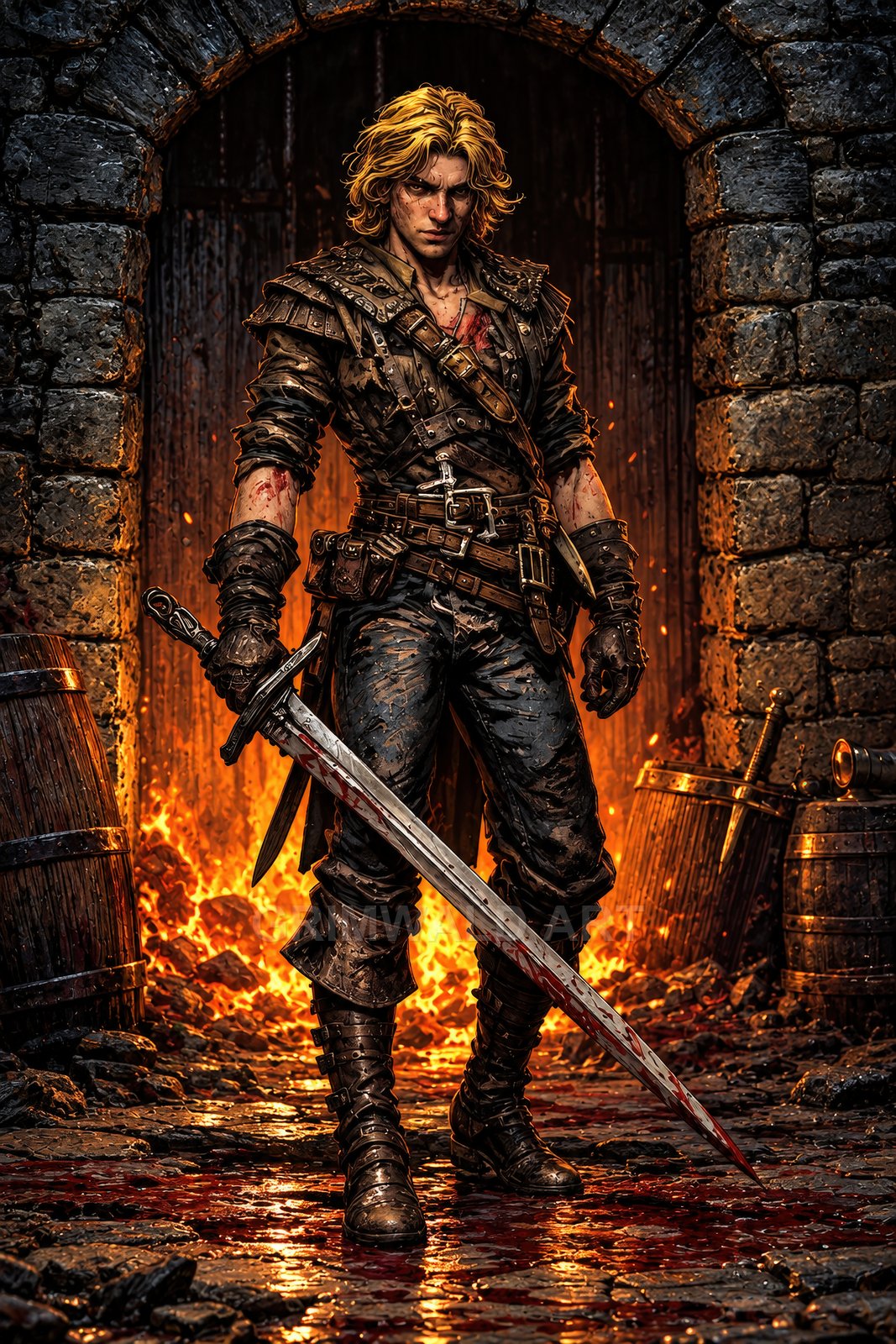 Armoured blond warrior with bloodied sword stands in a stone archway, fire roaring behind, leather gear and barrels scattered on cobblestones.