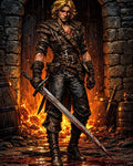 GRID THUMBNAIL — Armoured blond warrior with bloodied sword stands in a stone archway, fire roaring behind, leather gear and barrels scattered on cobblestones.