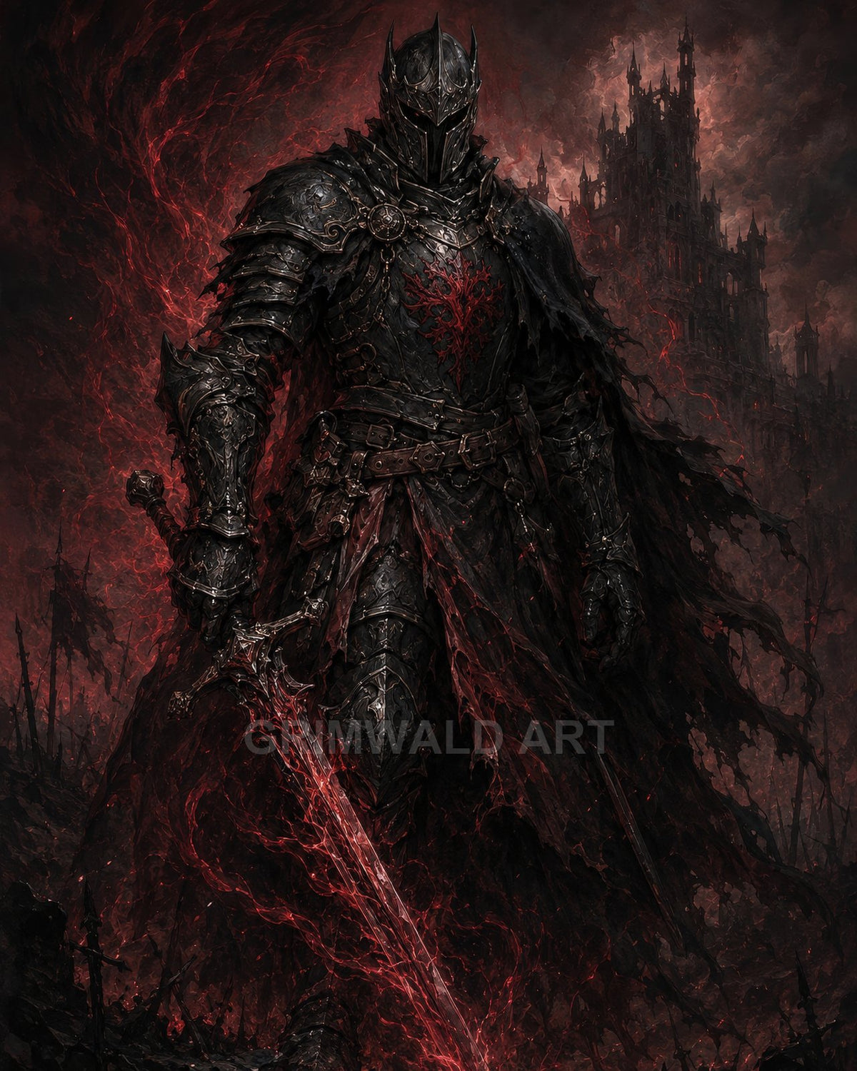 Armoured dark knight holding a rune-glowing sword amid swirling red embers, with a looming gothic castle and stormy skies behind.