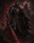 GRID THUMBNAIL — Armoured dark knight holding a rune-glowing sword amid swirling red embers, with a looming gothic castle and stormy skies behind.