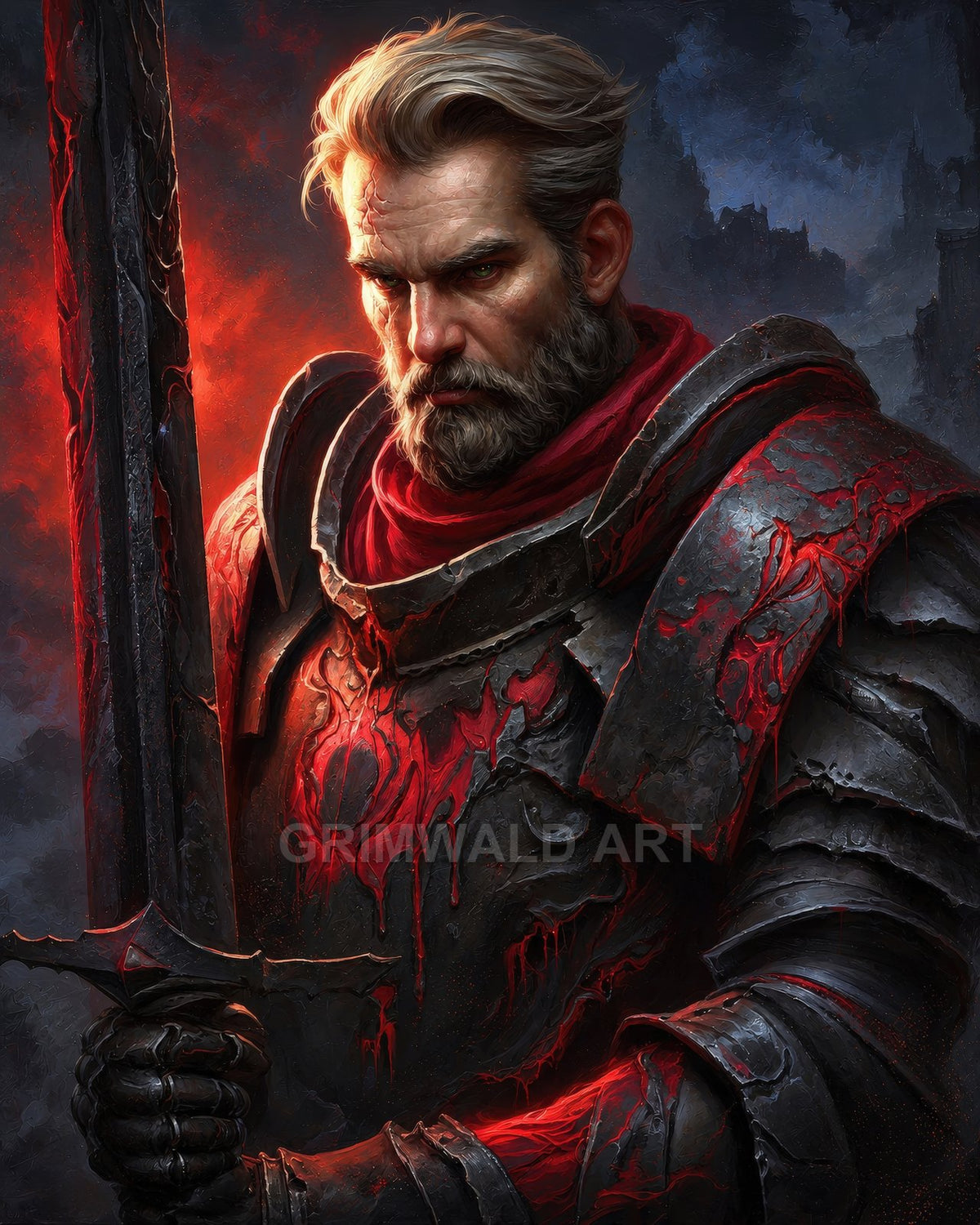 Armoured male knight with grey beard holds a greatsword, black plate marked by glowing red cracks, against a smoky, firelit backdrop.