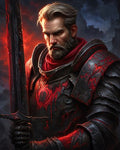 GRID THUMBNAIL — Armoured male knight with grey beard holds a greatsword, black plate marked by glowing red cracks, against a smoky, firelit backdrop.