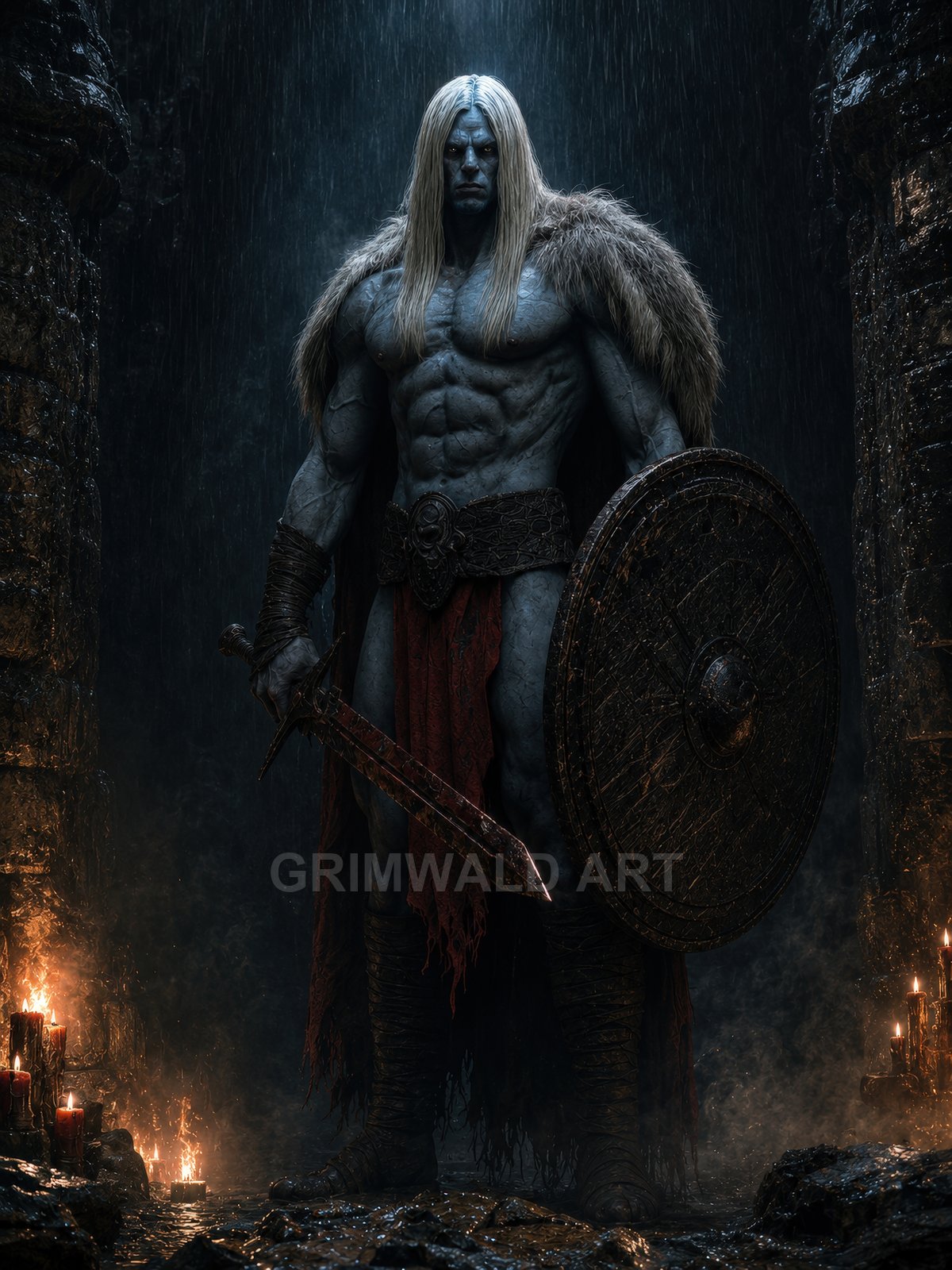 A towering muscular warrior with long hair, fur cloak, round shield and bloodied sword, standing in dripping, candlelit stone ruins.